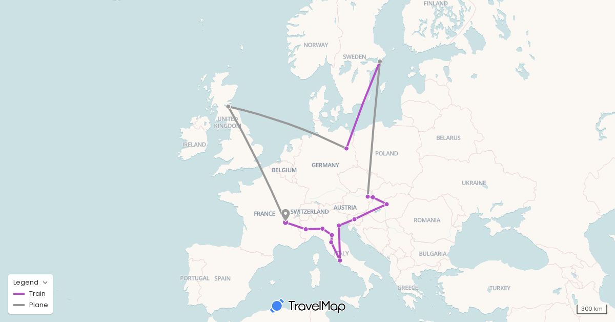 TravelMap itinerary: driving, plane, train in Austria, Germany, France, United Kingdom, Hungary, Italy, Sweden, Slovenia, Slovakia (Europe)